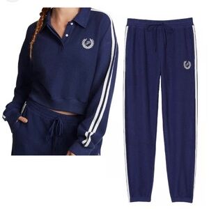 Victoria’s Secret Pink Sweatsuit Top & Joggers Navy with White Stripes P Logo